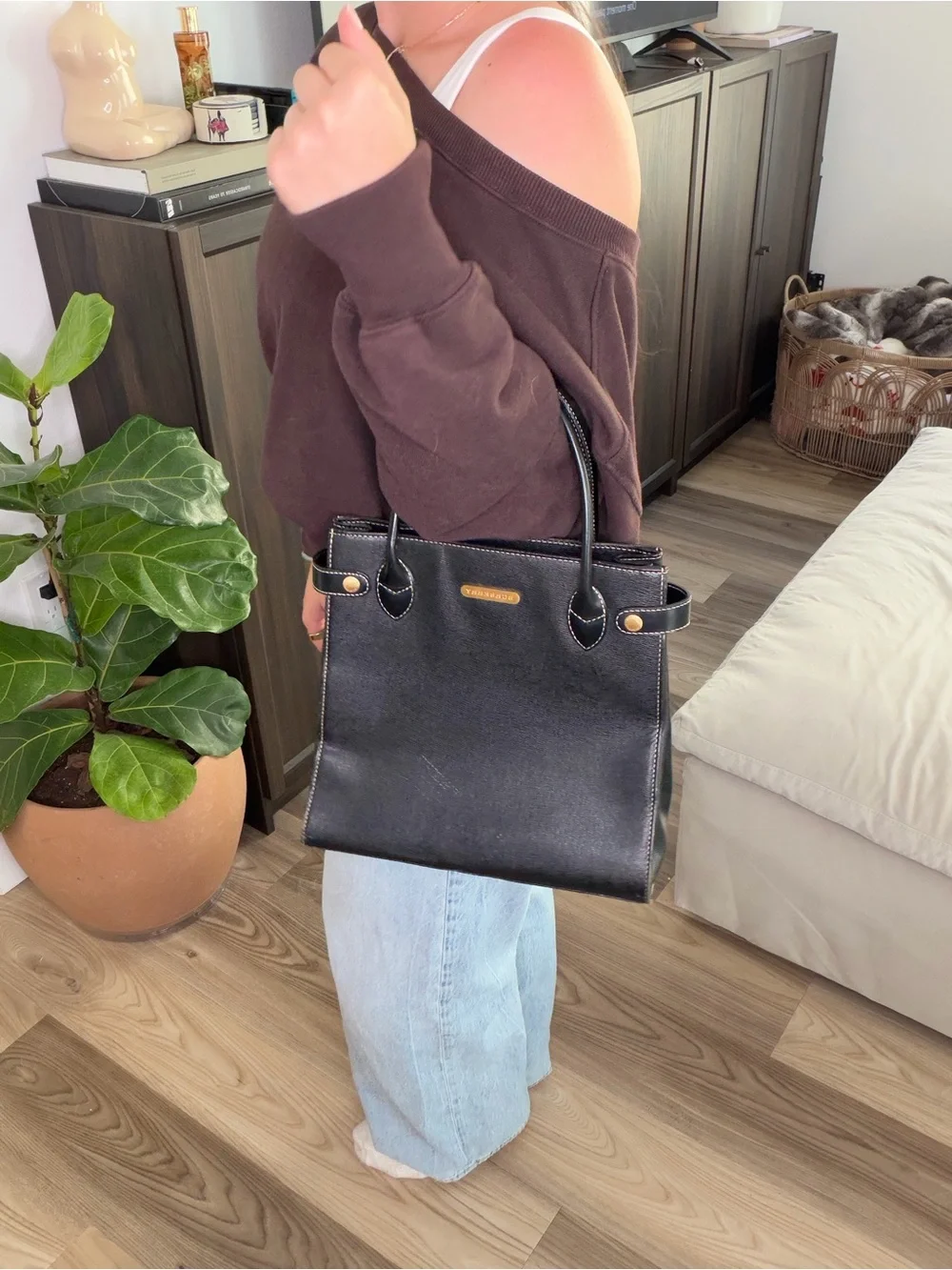 Vintage Burberry Black Leather Tote Bag